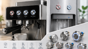 Close-up of a durable stainless steel metal push button on a coffee machine panel, featuring illuminated HOT WATER and COFFEE selection symbols, designed for high-frequency commercial use.