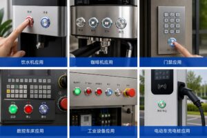 Metal push button applications in water dispensers, coffee machines, access control systems, CNC lathes, industrial equipment, and EV charging stations
